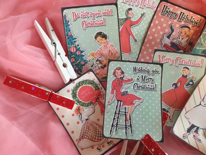 9 Christmas Gift Bag Art Tags Label and 9 Clothespins Clip SET Shabby Chic Mid-Century Kitschy Whimsical Retro Women Housewife Vintage Theme image 2