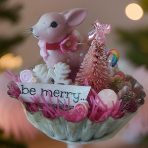 Pink Christmas Deer Vintage Style Ornament - Reindeer & Bottle Brush Tart Tin Kitschy Kitsch Decor - Shabby Chic Christmas Decorations- Gift