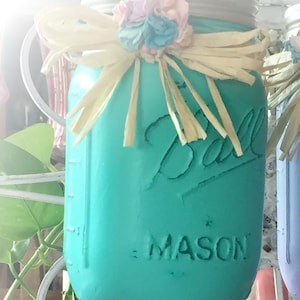 Shabby Chic Painted Mason Jars Centerpieces Home Decor Vases for Wedding Bridal/Baby Shower/Birthday Party/Mothers Day Hostess Gift Idea Teal