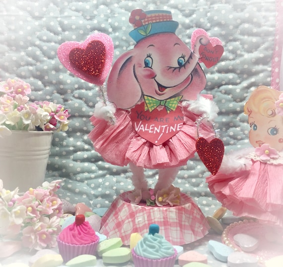Pink Elephant Valentine's Day Decor Vintage Style Bump Chenille Figure Shabby Chic Paper Doll Figurine Paperdolls Cake Topper Centerpiece Il_570xn