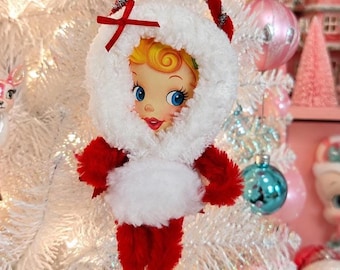 Mrs Santa Chenille Vintage Style Ornament - Retro Christmas Tree Decoration - Bump Chenille Pipe Cleaner Ornaments-Stocking Stuffer Gift