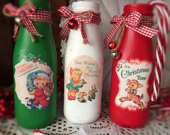 Vintage Style Christmas Decorations - Red White or Green Milk Bottles - Christmas Vases - Vintage Christmas Decor - Christmas Centerpieces