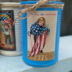 3 Americana Primitive Tin Cans Vases Shabby Chic Rustic Farmhouse Patriotic Flag Labor Memorial Day 4th of July 4 Red White Blue Centerpiece Bild 4