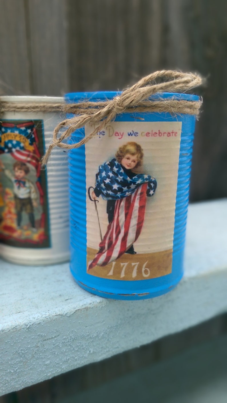 3 Americana Primitive Tin Cans Vases Shabby Chic Rustic Farmhouse Patriotic Flag Labor Memorial Day 4th of July 4 Red White Blue Centerpiece Bild 4