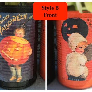 2 Halloween Black & Orange Painted Tin Cans Vintage Halloween Decor VICTORIAN KIDS Vases Decoration Table Centerpieces Pumpkin Party Favor image 5