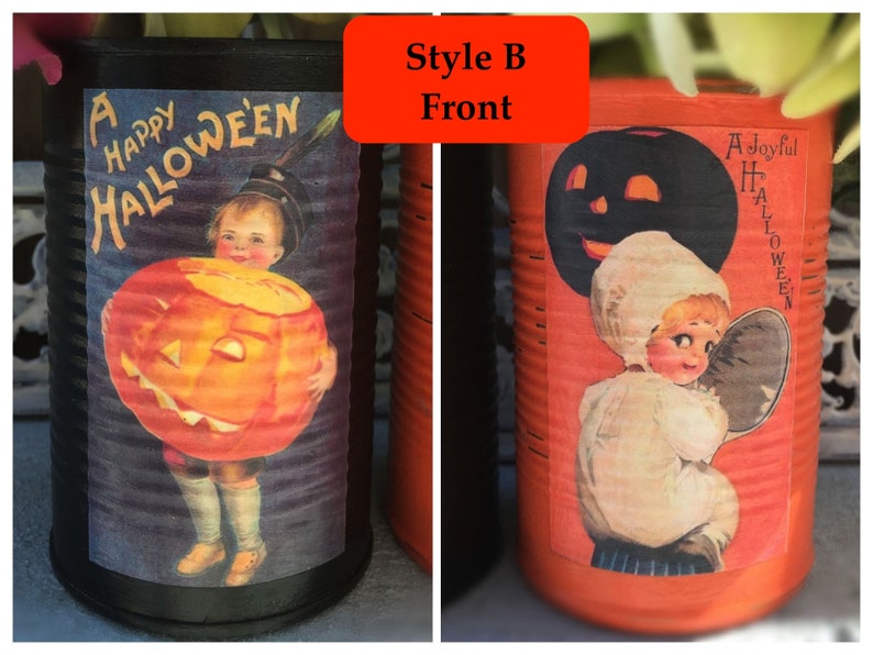 2 Halloween Black & Orange Painted Tin Cans Vintage Halloween Decor VICTORIAN KIDS Vases Decoration Table Centerpieces Pumpkin Party Favor image 5