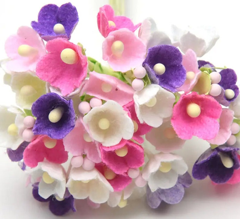 1 Forget-Me-Not Paper Flower BRIGHT COLOR MIX Bouquet/Pick/Spray Vintage Millinery Style Flower Crafts Doll House Miniature Floral Crown image 1
