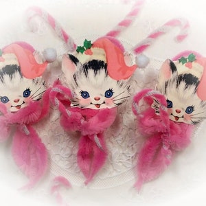 5 Pink Santa Kitties Christmas Chenille Vintage Style Ornament Christmas Tree Decoration Kitten Kitty Cat Pipe Cleaner Ornament Gift Topper