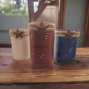 3 Rustic Americana Farmhouse Painted Tin Can Caddy Set Rusty Star & Removable Twine/Jute Patriotic Decoration 4th of July Independence Day image 10