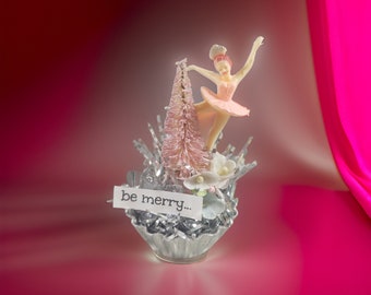 Ballerina Pink Christmas Tree Mini Tart Tin Decoration - Vintage Kitschy Kitsch Home Decor - ONE OF A KIND Creation - Gift For Her