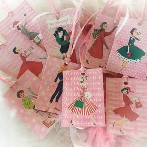 9 Pink Christmas Vintage Retro Woman Housewives Gift Bag Art Tags & Pink Ribbons Tree Ornaments Shabby Chic Retro Greeting Card Gift For Her