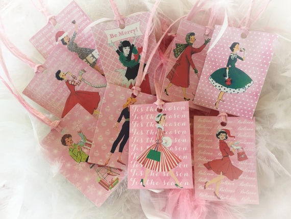 9 Pink Christmas Vintage Retro Woman Housewives Gift Bag Art Tags & Pink Ribbons Tree Ornaments Shabby Chic Retro Greeting Card Gift For Her Il_570xn