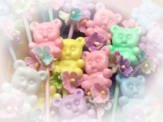 15 Pastel Kawaii Teddy Bears Flowers Cupcake Toppers Toothpick Skewer Picks Hors d'oeuvre Appetizer Birthday Tea Party Candy Bar Baby Shower Il_570xn