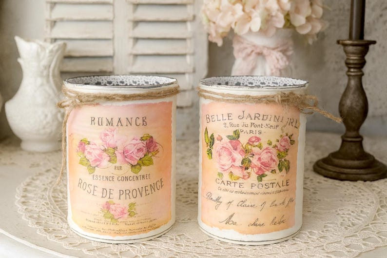 2 Pc Shabby Chic French Country Ivory Tin Cans CottageCore | Table Centerpieces | Home Dorm Decor Gift Sweet Vintage Designs afbeelding 1