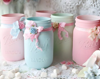 Shabby Chic Painted Mason Jars - Centerpieces - Home Decor Vases for Wedding Bridal/Baby Shower/Birthday Party/Mothers Day Hostess Gift Idea