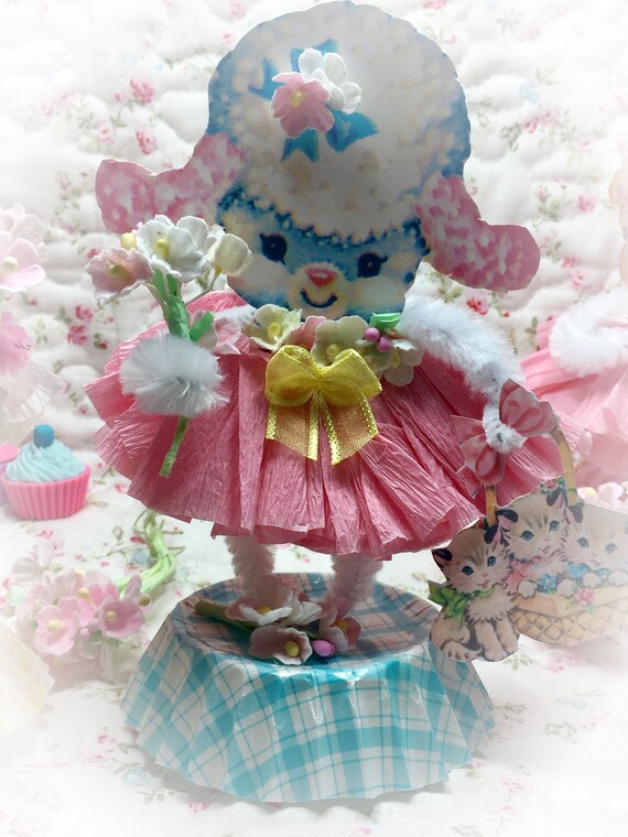 Lamb Easter Spring Decor Vintage Style Bump Chenille Pipe Cleaner Figure Shabby Chic Paper Doll Figurine Paperdoll Cake Topper Pink Gift Il_570xn