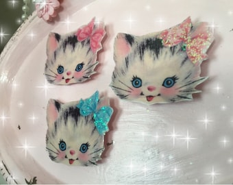 3 Kitten Refrigerator Magnets -Vintage Style Kitty Cat Faces for Locker File Cabinet -Kitschy Kitsch Party Favors Gift Idea Stocking Stuffer