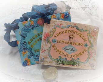 4 French OUIJA Board Shabby Chic Gift Journal Tags & Ribbon SET .. Gothic Pastel Goth Halloween Card  Journaling Scrapbook Witch Witchcraft