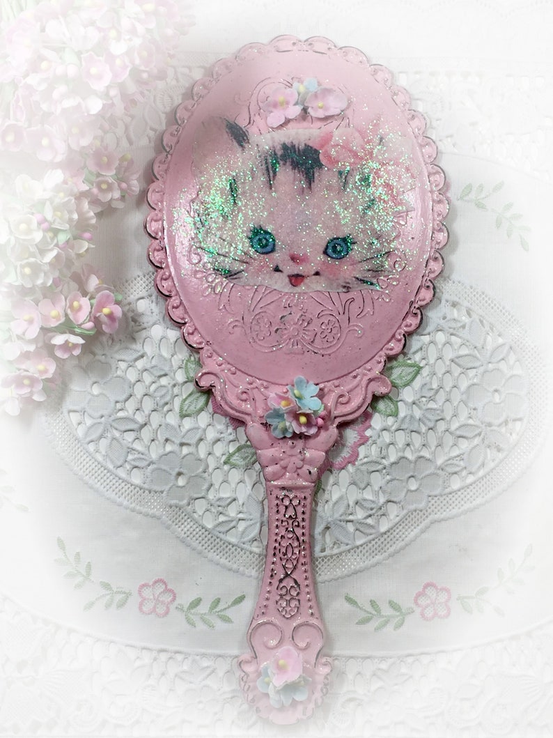 Pink Vanity Handheld Mirror Kitty Cat Kitten Vintage Retro Style Boudoir Decor Decoration Shabby Chic Hand Held Princess Mirror Gift image 3