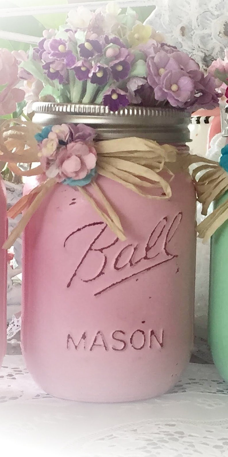 Shabby Chic Painted Mason Jars Centerpieces Home Decor Vases for Wedding Bridal/Baby Shower/Birthday Party/Mothers Day Hostess Gift Idea Pink