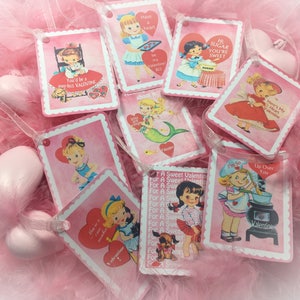 9 Pink Valentine's Day Decor Tags/Cards AND 9 Ribbons Vintage Retro 1940s/1950s Children Kids Little Girl Gift Bag Art Tag Shabby Chic Card image 9