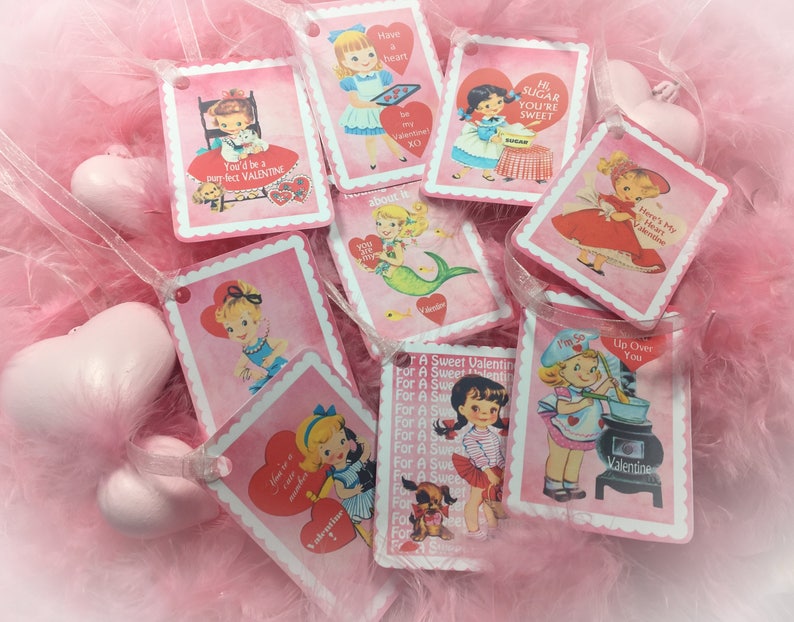 9 Pink Valentine's Day Decor Tags/Cards AND 9 Ribbons Vintage Retro 1940s/1950s Children Kids Little Girl Gift Bag Art Tag Shabby Chic Card image 9