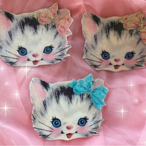 3 Kitten Refrigerator Magnets -Vintage Style Kitty Cat Faces for Locker File Cabinet -Kitschy Kitsch Party Favors Gift Idea Stocking Stuffer