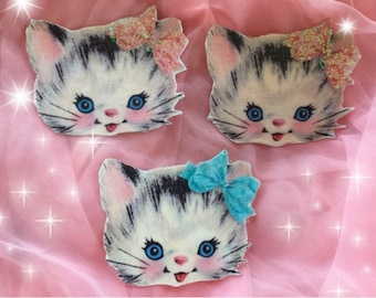 3 Kitten Refrigerator Magnets -Vintage Style Kitty Cat Faces for Locker File Cabinet -Kitschy Kitsch Party Favors Gift Idea Stocking Stuffer