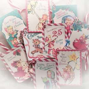 Set of 9 Vintage Retro Theme Christmas Gift Bag Art Tags AND Ribbons  Tree Ornaments Angels Children Boys Girls Shabby Chic Greeting Cards