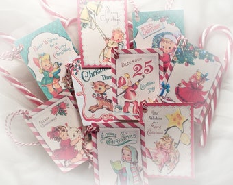 Set of 9 Vintage Retro Theme Christmas Gift Bag Art Tags AND Ribbons  Tree Ornaments Angels Children Boys Girls Shabby Chic Greeting Cards