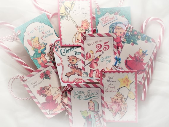 Set of 9 Vintage Retro Theme Christmas Gift Bag Art Tags AND Ribbons Tree Ornaments Angels Children Boys Girls Shabby Chic Greeting Cards Il_570xn