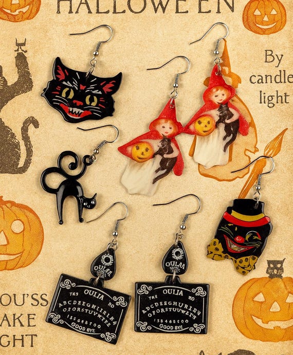 Vintage Halloween Earrings – Retro Black Cat, Witch, Ouija Board Dangle Jewelry – Spooky Gothic Accessories Costume or Everyday Wear or Gift