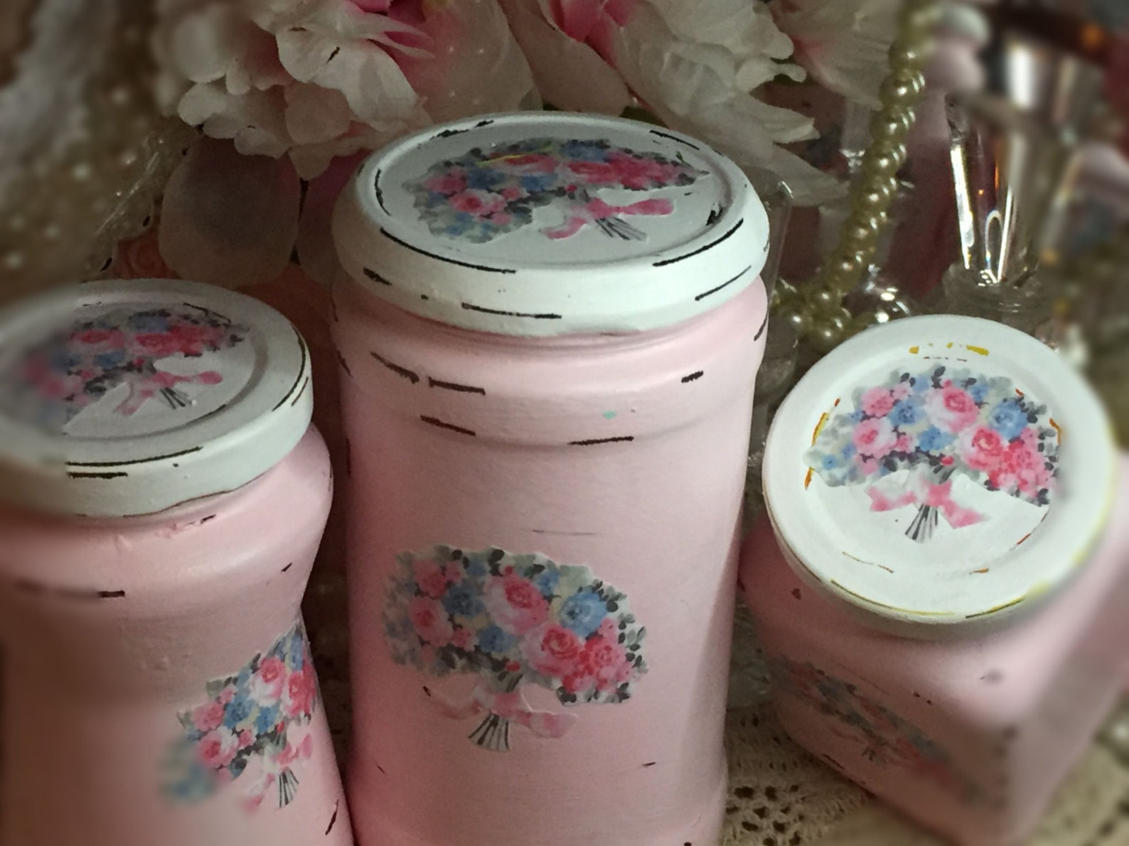 3 Shabby Chic Pink Vintage Glass Jars Canisters Decoupage Flower Floral ...