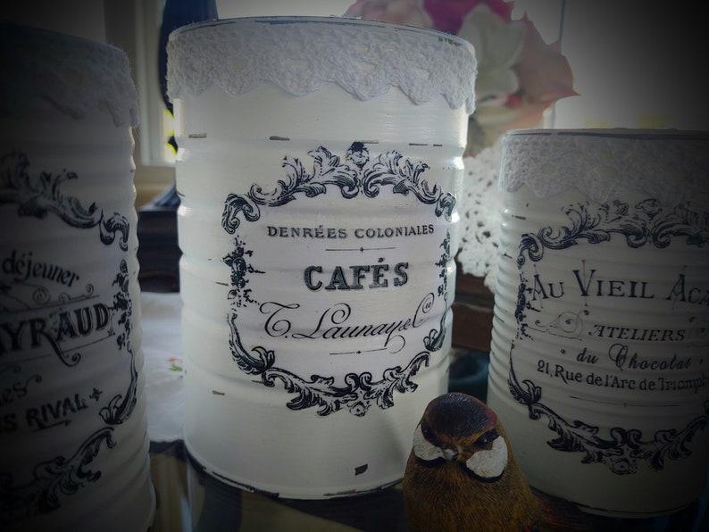 FRENCH COUNTRY Tin Cans White Farmhouse Rustic Decor Typography French Labels Paris France Home Decor Shabby Chic Home Decor Gift image 7