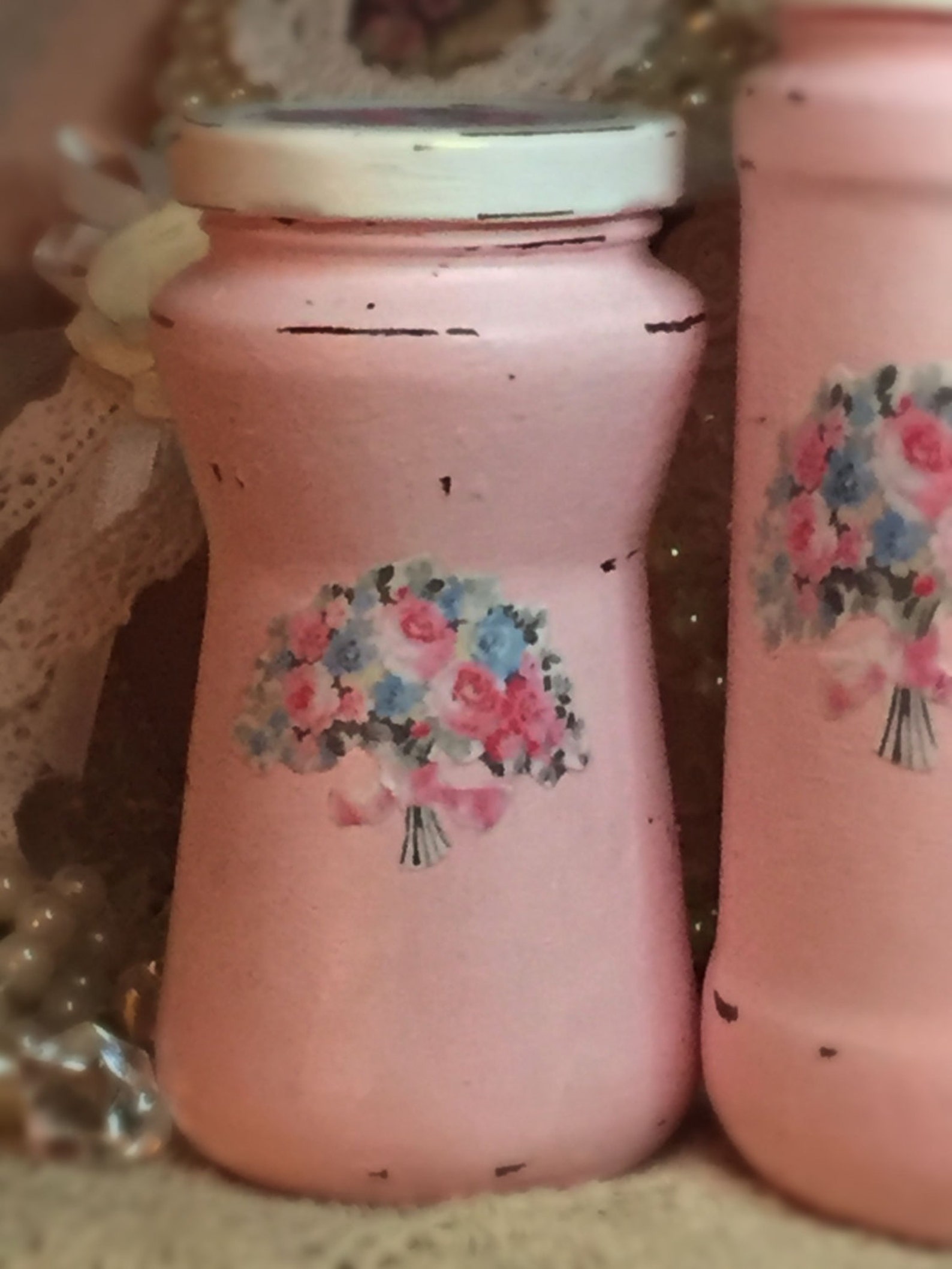 3 Shabby Chic Pink Vintage Glass Jars Canisters Decoupage Flower Floral ...