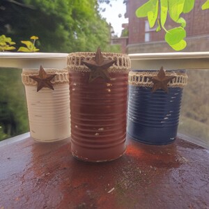 3 Rustic Americana Farmhouse Painted Tin Can Caddy Set Rusty Star & Removable Twine/Jute Patriotic Decoration 4th of July Independence Day image 5