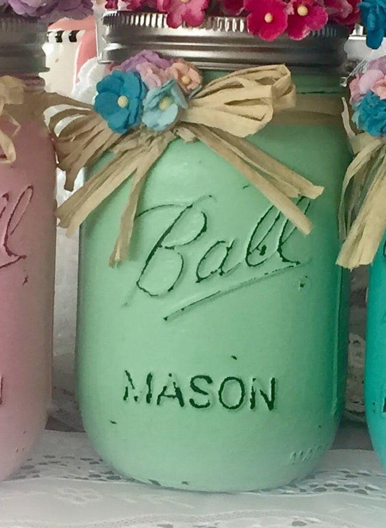 Shabby Chic Painted Mason Jars Centerpieces Home Decor Vases for Wedding Bridal/Baby Shower/Birthday Party/Mothers Day Hostess Gift Idea Light Green