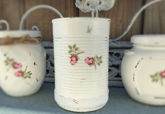 White Shabby Chic Tin Cans Rosebud Roses Lacy Lace Decorative Vase