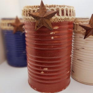 3 Rustic Americana Farmhouse Painted Tin Can Caddy Set Rusty Star & Removable Twine/Jute Patriotic Decoration 4th of July Independence Day image 8