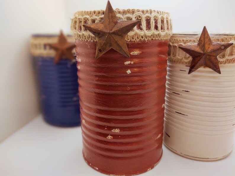 3 Rustic Americana Farmhouse Painted Tin Can Caddy Set Rusty Star & Removable Twine/Jute Patriotic Decoration 4th of July Independence Day image 8