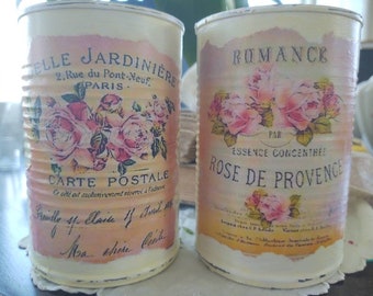 2 Shabby Chic French Country LIGHT YELLOW Tin Cans Handpainted Decoupage Pastel Labels Table Centerpiece Home Dorm Decor Gift