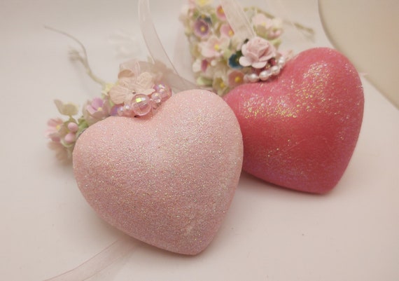 2 Pink Sugared Heart Shabby Chic Ornaments - Christmas or Valentines Day Ornaments - Pink Ornaments - Gift Idea - Mother's Day Gifts Il_570xn