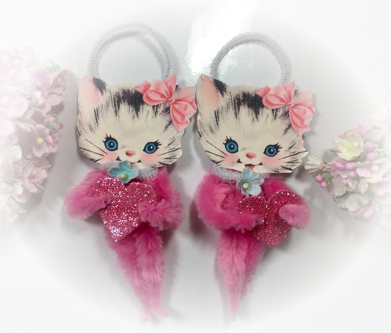 Pink Kitty Chenille Vintage Style Valentines Day Ornament Christmas Tree Decoration Kitten Cat Pipe Cleaner Ornament Gift Topper image 3