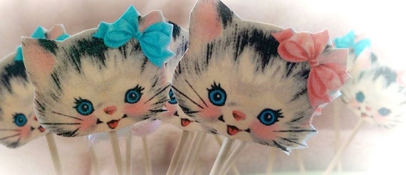 12 Vintage Kitty Cupcake Toppers - Retro Kitten Cat Toothpicks Picks Hors d'oeuvre Appetizer Birthday Tea Party Candy Bar Baby Shower Decor Il_570xn