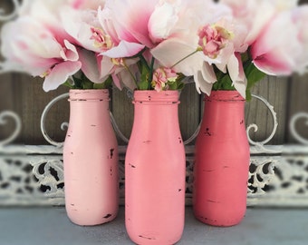 3 Shabby Chic Painted Pink Ombre Glass Milk Bottles Flower Bud Vase Centerpiece Wedding Reception Shower Table Decor Sweet Vintage Designs