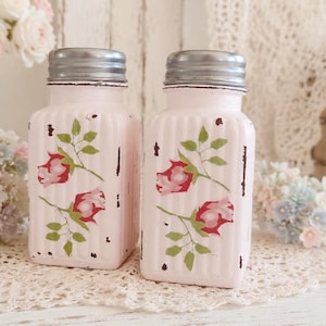 Shabby Chic Salt Pepper Shakers Glass Set - Decoupage Rose Rosebuds - Kitchen Home Dorm Wedding Shower Decor Gift Sweet Vintage Designs