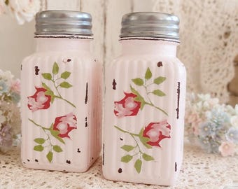 Shabby Chic Salt Pepper Shakers Glass Set - Decoupage Rose Rosebuds - Kitchen Home Dorm Wedding Shower Decor Gift Sweet Vintage Designs