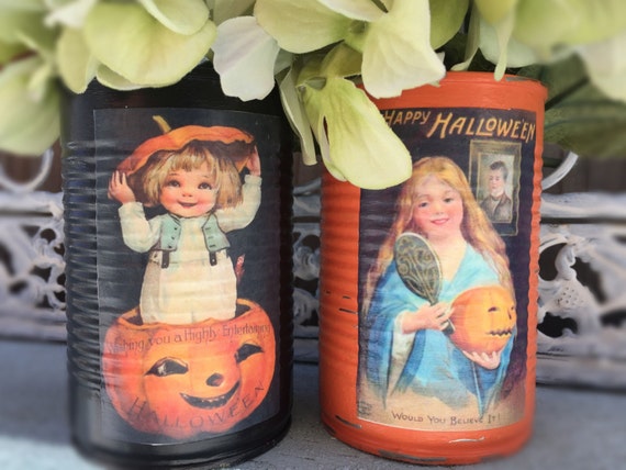 2 Halloween Victorian Kids Black Orange Tin Cans Vintage