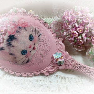 Pink Vanity Handheld Mirror Kitty Cat Kitten Vintage Retro Style Boudoir Decor Decoration Shabby Chic Hand Held Princess Mirror Gift image 1