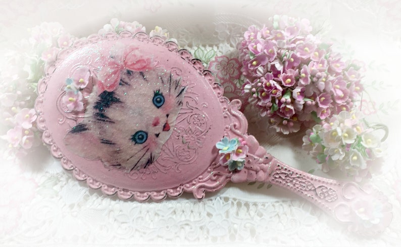 Pink Vanity Handheld Mirror Kitty Cat Kitten Vintage Retro Style Boudoir Decor Decoration Shabby Chic Hand Held Princess Mirror Gift image 1